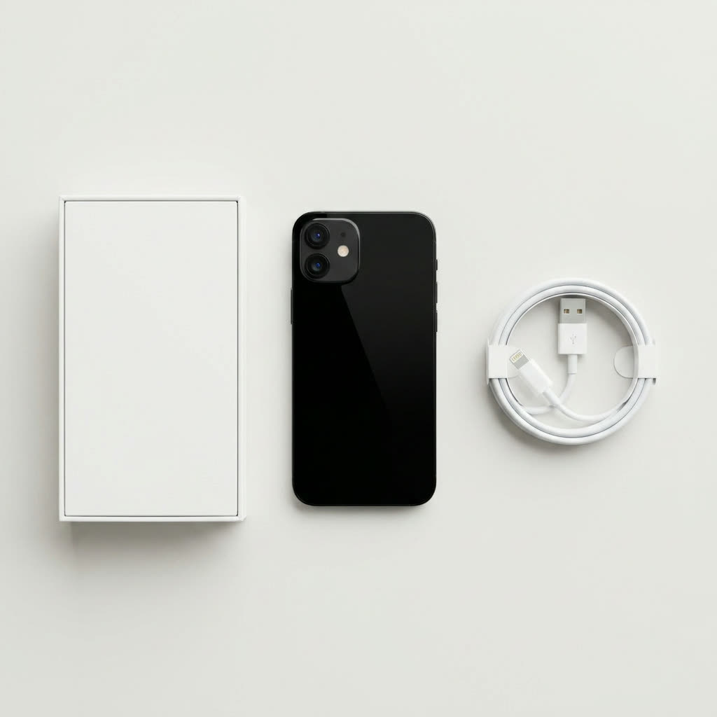 iPhone 12 avec sa boîte et son câble, prêt à expédier