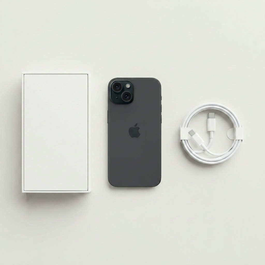 iPhone 15 avec sa boîte et son câble, prêt à expédier